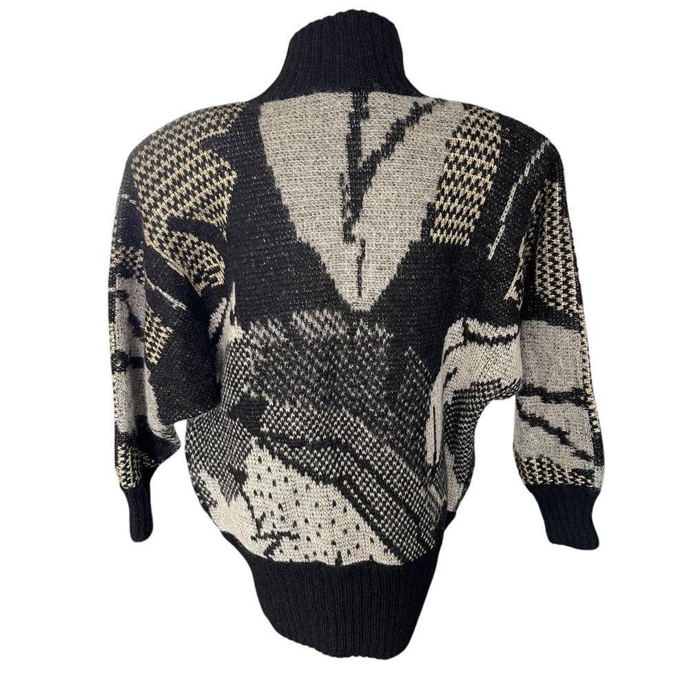 Vintage 80's Black/Grey/Gold Pattern Mohair High Neck Button Front Cardigan (M) - Picture 10 of 16